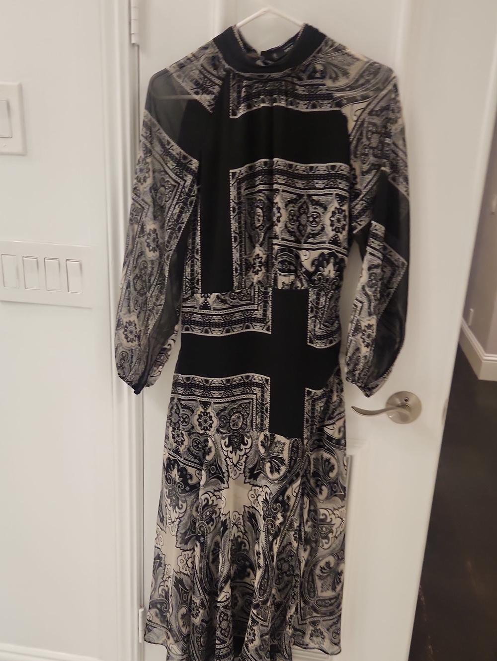 Mango Black and Cream Paisley Long-Sleeve Midi Dress